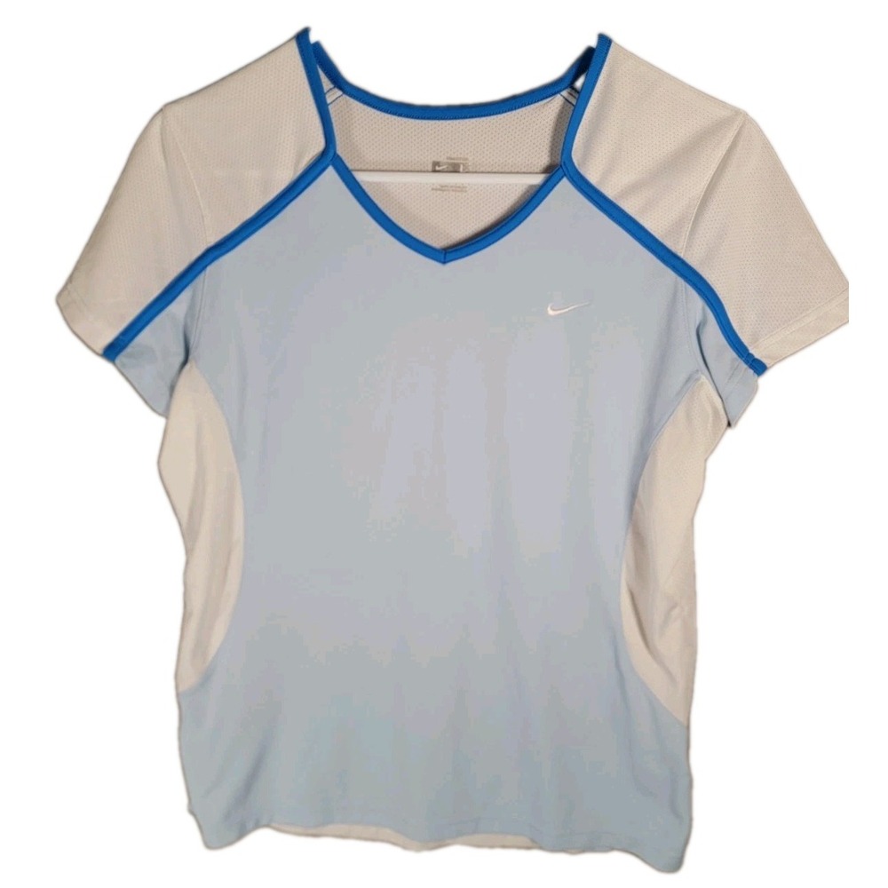 Nike Womens L Tennis Running Shirt Dri Fit Blue White Embroidered Swoosh V-Neck